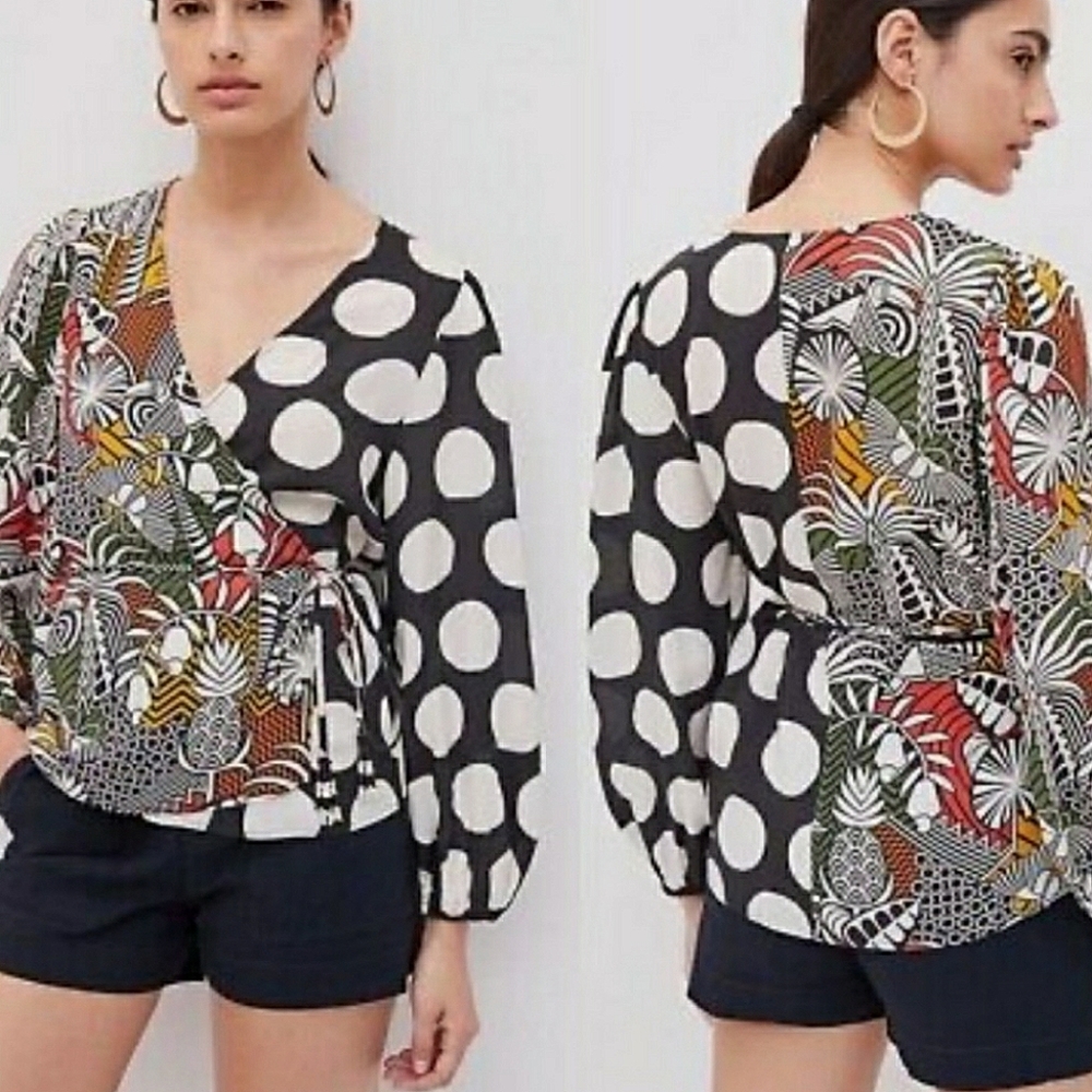 Farm Rio Mix Print Tru Wrap Top M Ties Beaded Tassels Boho Tropical Exotic Vacay